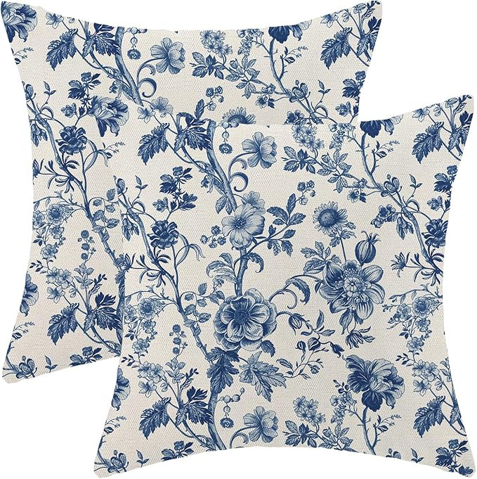 Blue Floral Pillow Covers 18x18 Inch Set of 2 Vintage Navy Blue Floral Throw Pillows Spring Summe... | Amazon (US)