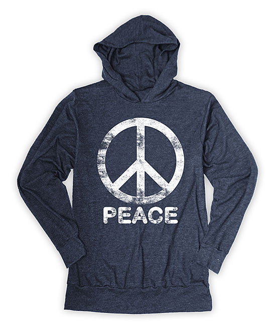 Urban Smalls Women's Sweatshirts and Hoodies Heather - Heather Navy 'Peace' Sign Lightweight Hoodie  | Zulily