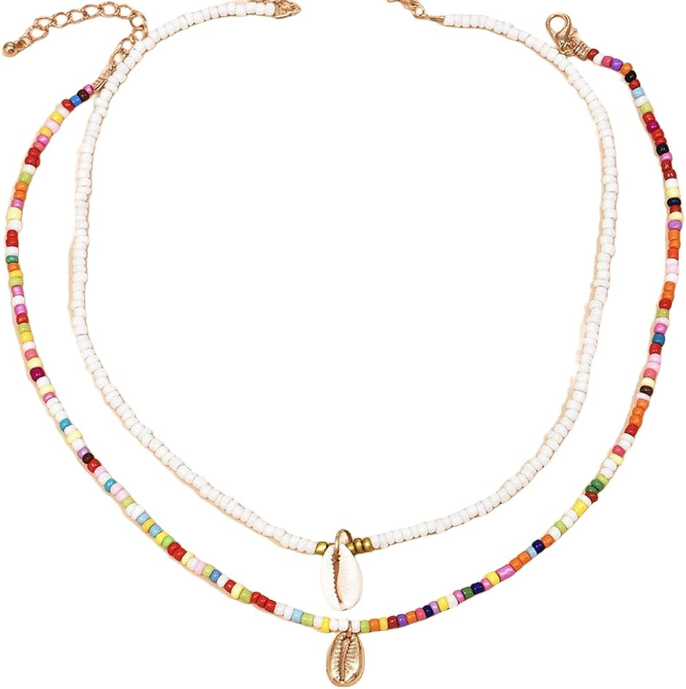 Boho Rainbow Beaded Necklace Layered Neck Chain Multi Color Bead Choker Necklaces Shell Star Butt... | Amazon (US)