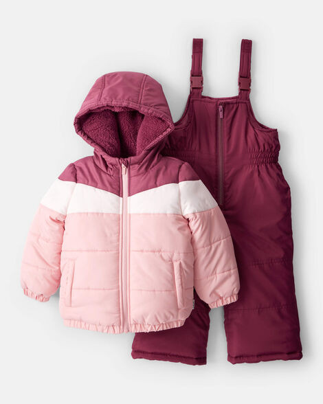 Toddler Girl 2-Piece Color Block Hooded Snowsuit Jacket & Bib Set - Pink/Red | Carter's Inc