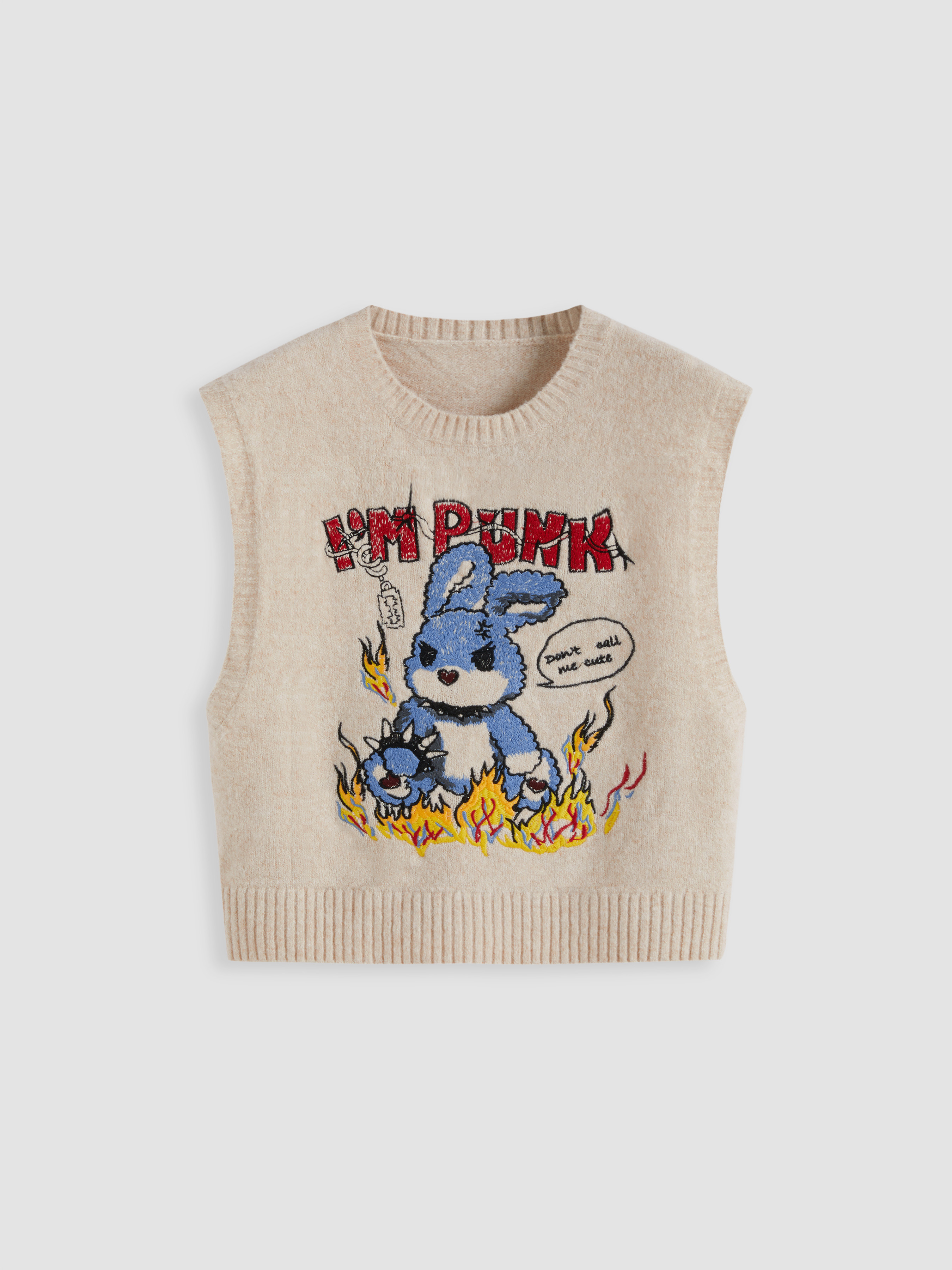 Sweater Vest Knit Fabric I'M PUNK Knit Rabbit Embroidery Vest For Daily Casual | Cider