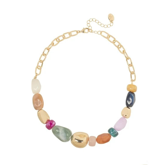 Time and Tru Women's Gold Tone Statement Necklace with Colorful Beads and Chain Detail | Walmart (US)