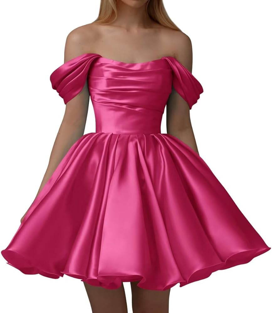 Women’s Off Shoulder Satin Homecoming Dresses A Line Short Pleated Strapless Prom Dresses for Wedding | Amazon (US)