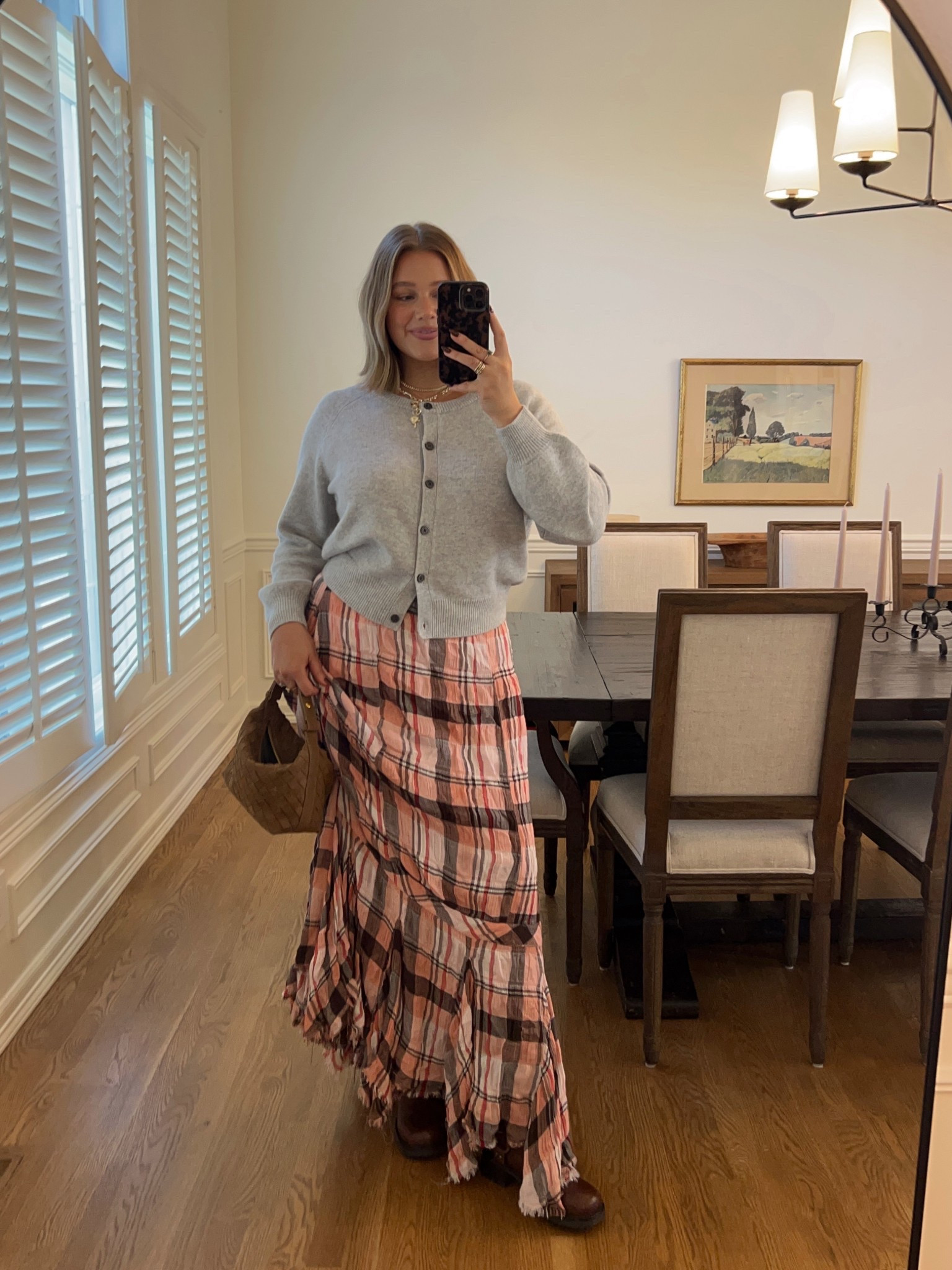 Aritzia sweater so soft size M tts + skirt runs loose wearing a M but could do a small! Only few sizes left and on major sale! Boots tts. Amazon woven suede purse is gorgeous 


