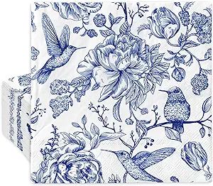 AnyDesign 80Pcs Blue Floral Paper Napkins Vintage Flower Birds Luncheon Napkins Blue White Floral... | Amazon (US)