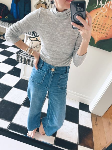 Outfit of the day: grey sparkle turtleneck + Maeve cropped wide jeans. Gretchen sized down one in these as there is a lot of stretch. 

#LTKover40 #LTKstyletip