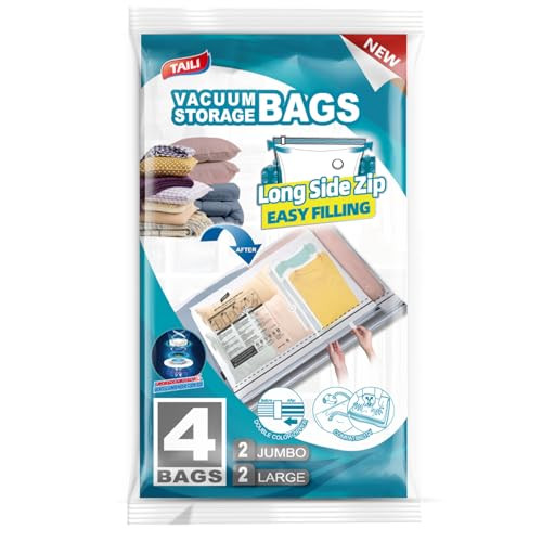 TAILI 4 Pack Long Side Zip Space Saver Vacuum Storage Bags, 2 Large+2 Extra Large, Large Vacuum Storage Bags for Comforters, Blankets, Bedding, Clothes, Pillow, Storage Solutions | Amazon (US)