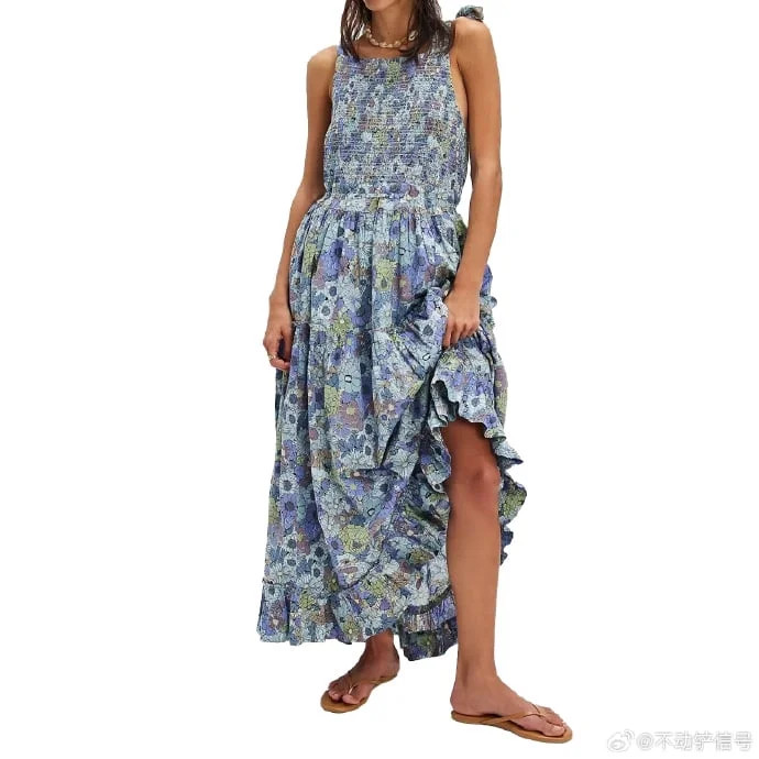 Women Floral Maxi Dress Tie Shoulder Cutout Backless Boho Smocked Flowy Dresses Summer Fall Sundr... | Walmart (US)
