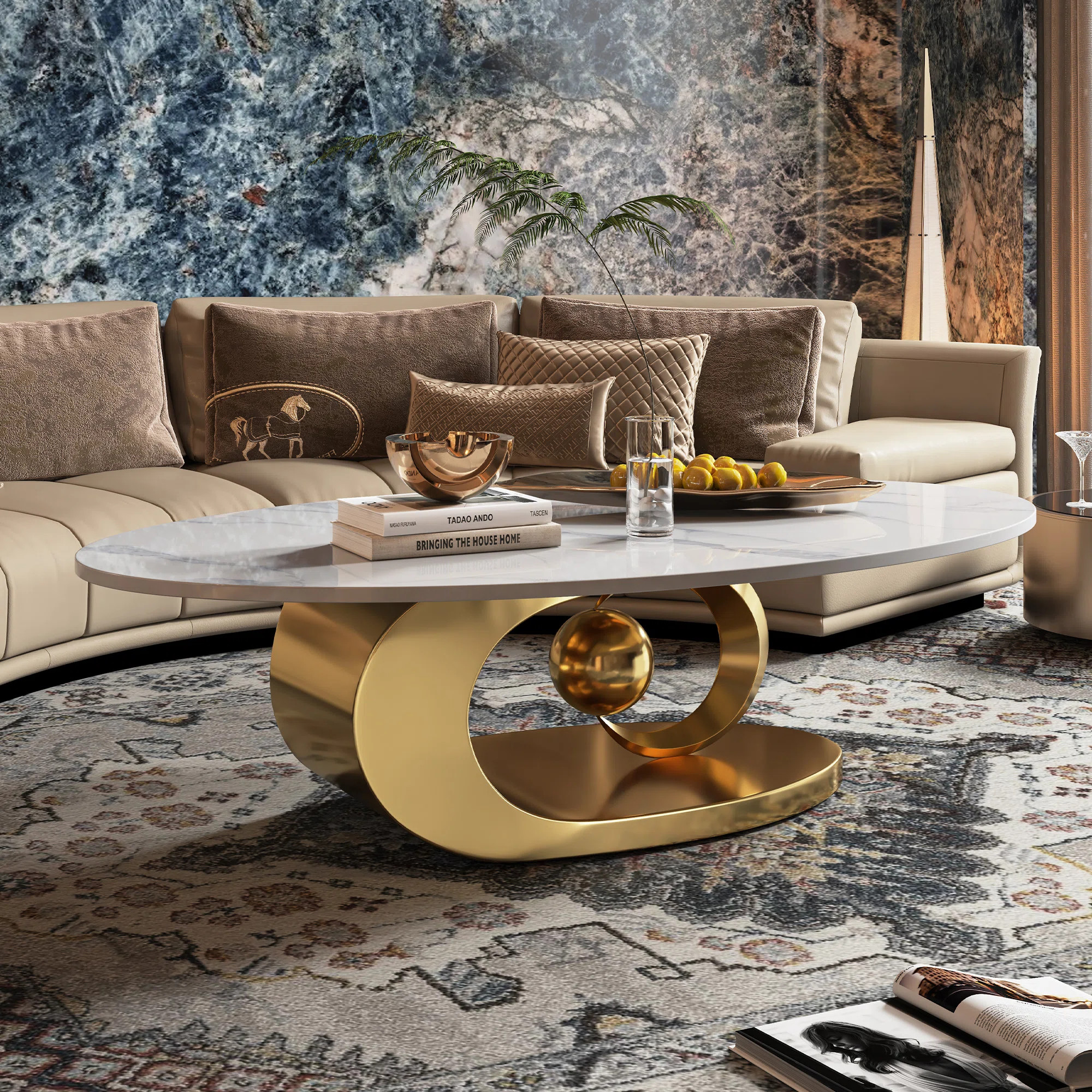 49.2" Oval Coffee Table with Faux Marble Top, Gold Stainless Steel Base with Abstract Fantastic M... | Wayfair North America