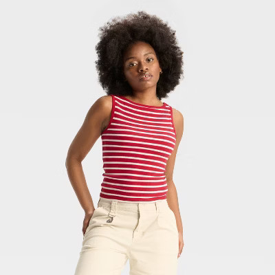 Women's Boat Neck Graphic Tank Top - Wild Fable™ Ruby Red Striped L | Target