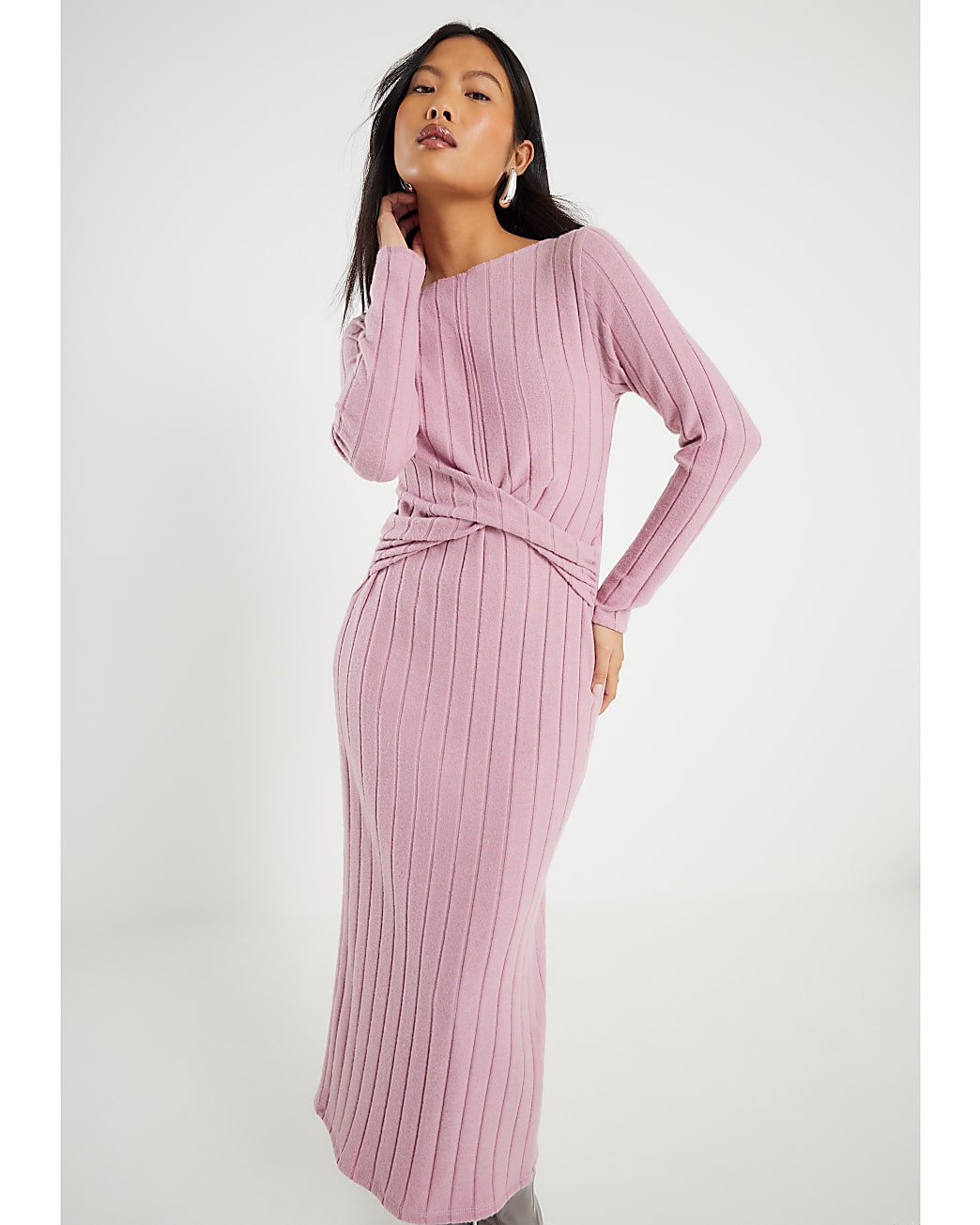 Petite Pink Long Sleeve Cosy Twist Midi Dress | River Island UK & IE