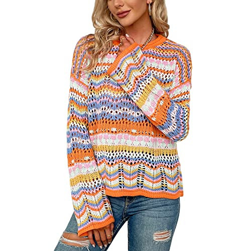 XBTCLXEBCO Womens Crochet Hollow Out Sweater Fall Long Sleeve Crew Neck Color Block Striped Sweater Loose Casual Knit Pullover (Orange, S) | Amazon (US)