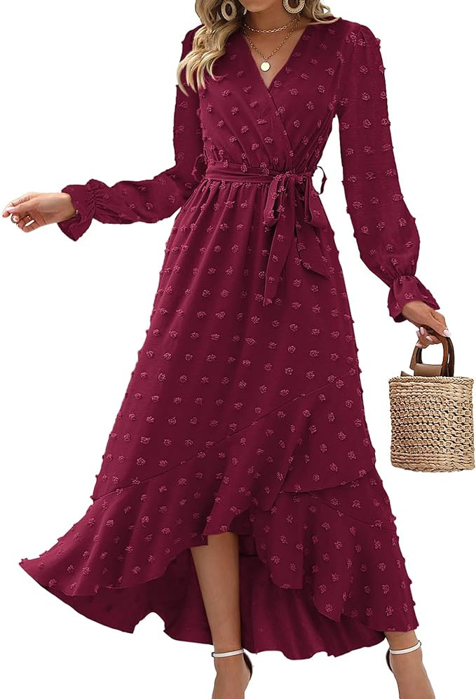 BTFBM Long Sleeve Maxi Dresses for Women V Neck Swiss Dot Boho Flowy Slit Cocktail Wedding Guest ... | Amazon (US)