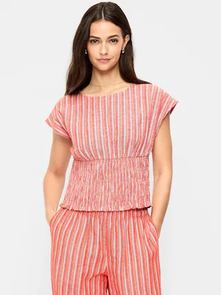 Linen-Blend Short-Sleeve Smocked Top | Old Navy (US)