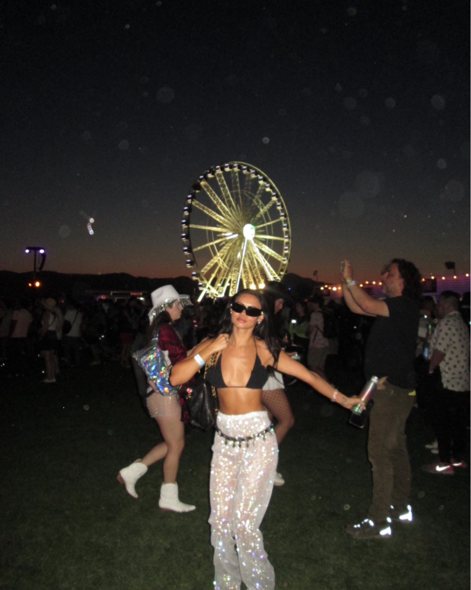 Coachella festival outfit inspo ~ black bathing suit top with chiffon flower + sequin pants #festivalootd #styleinspo #festivalfashion 

#LTKSeasonal #LTKtravel #LTKstyletip
