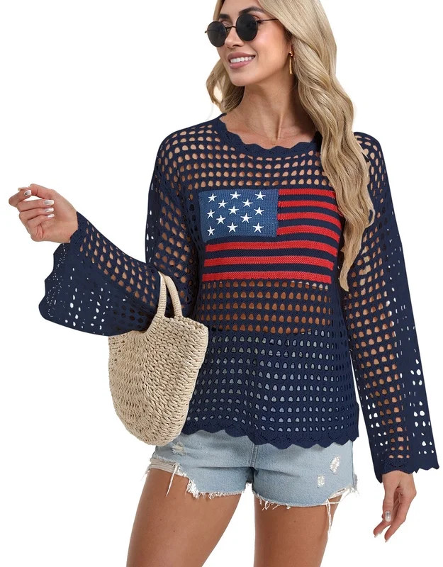 Beach Cover Up for Women 4Th of July American Flag Mesh Crochet Swimsuit Cover Up Long Sleeve Blo... | Walmart (US)