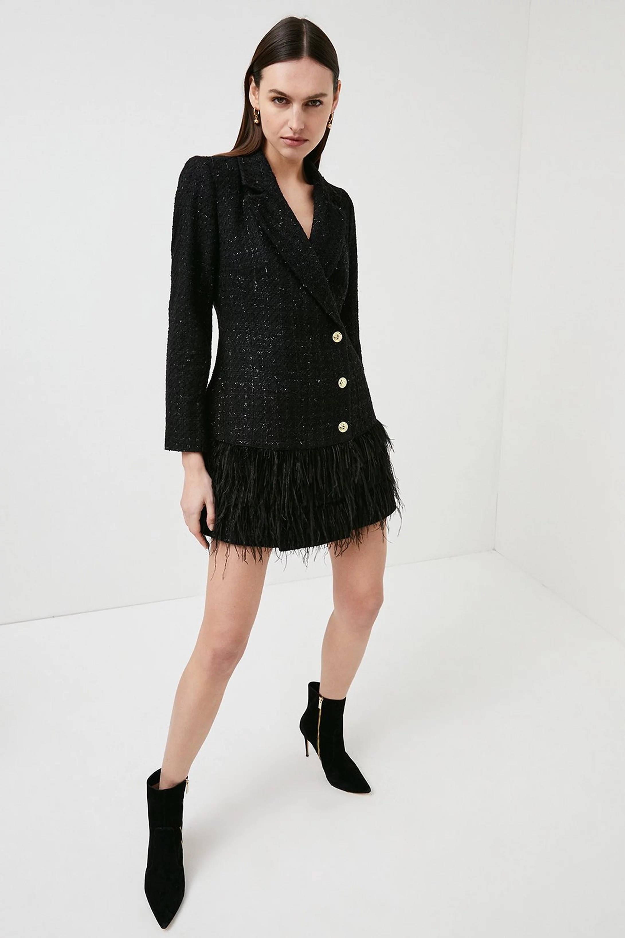 Feather Trimmed Sparkle Boucle Tux Dress | Karen Millen UK & IE
