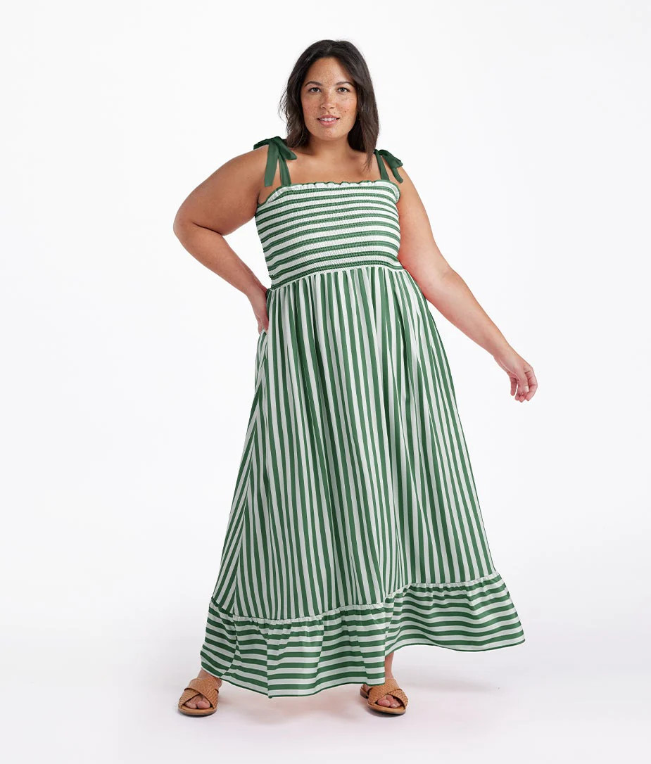 The Smocked Maxi Dress - in Nautical Stripe in Olive | SummerSalt