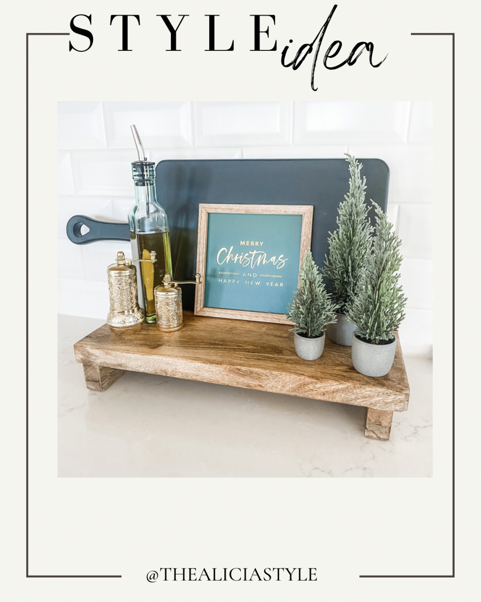 Wood riser, riser decor, kitchen decor, Christmas decor, Christmas kitchen, beside the stove, oven, countertop decor, kitchen countertop, cutting board, Christmas tree, mini tree, olive oil, salt and pepper shaker, grinder, Turkish grinder, brass shaker, brass, brass salt and pepper, olive oil dispenser, Christmas sign 