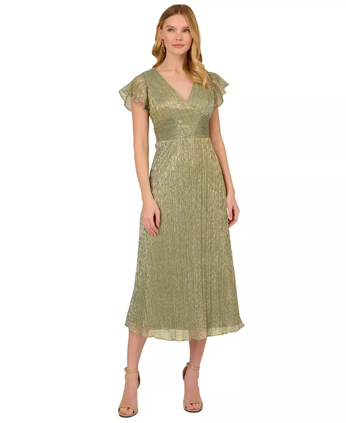 Adrianna Papell Women's V-Neck Crinkle Mesh Midi Dress - Macy's | Macy's