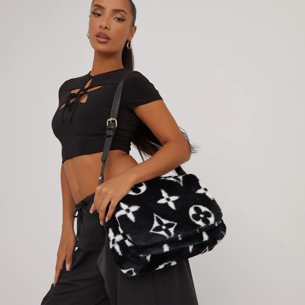 Lila Printed Detail Oversized Shoulder Bag In Black Faux Fur | EGO Shoes (US & Canada)