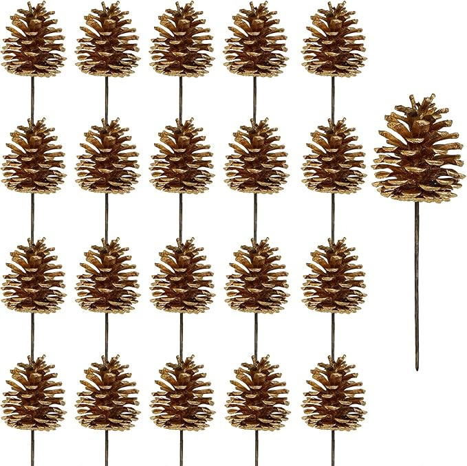 Winlyn 20 Pcs Gold Pine Cone Picks Christmas Ornaments Pinecone Floral Picks Decorative Natural P... | Amazon (US)