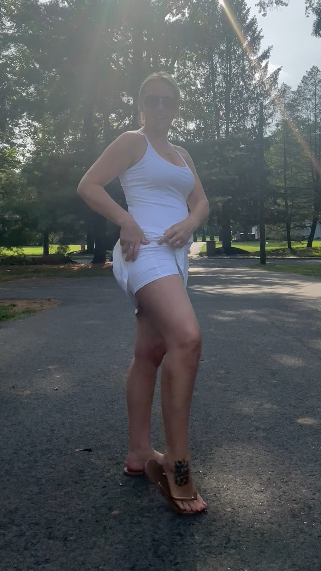 Baseball mom fit in a heat wave! In a M and you can use code 25EMMA for a discount!! Built in bra, padding, shorts with pockets, adjustable straps and such a flattering fit  

#LTKOver40 #LTKActive #LTKStyleTip