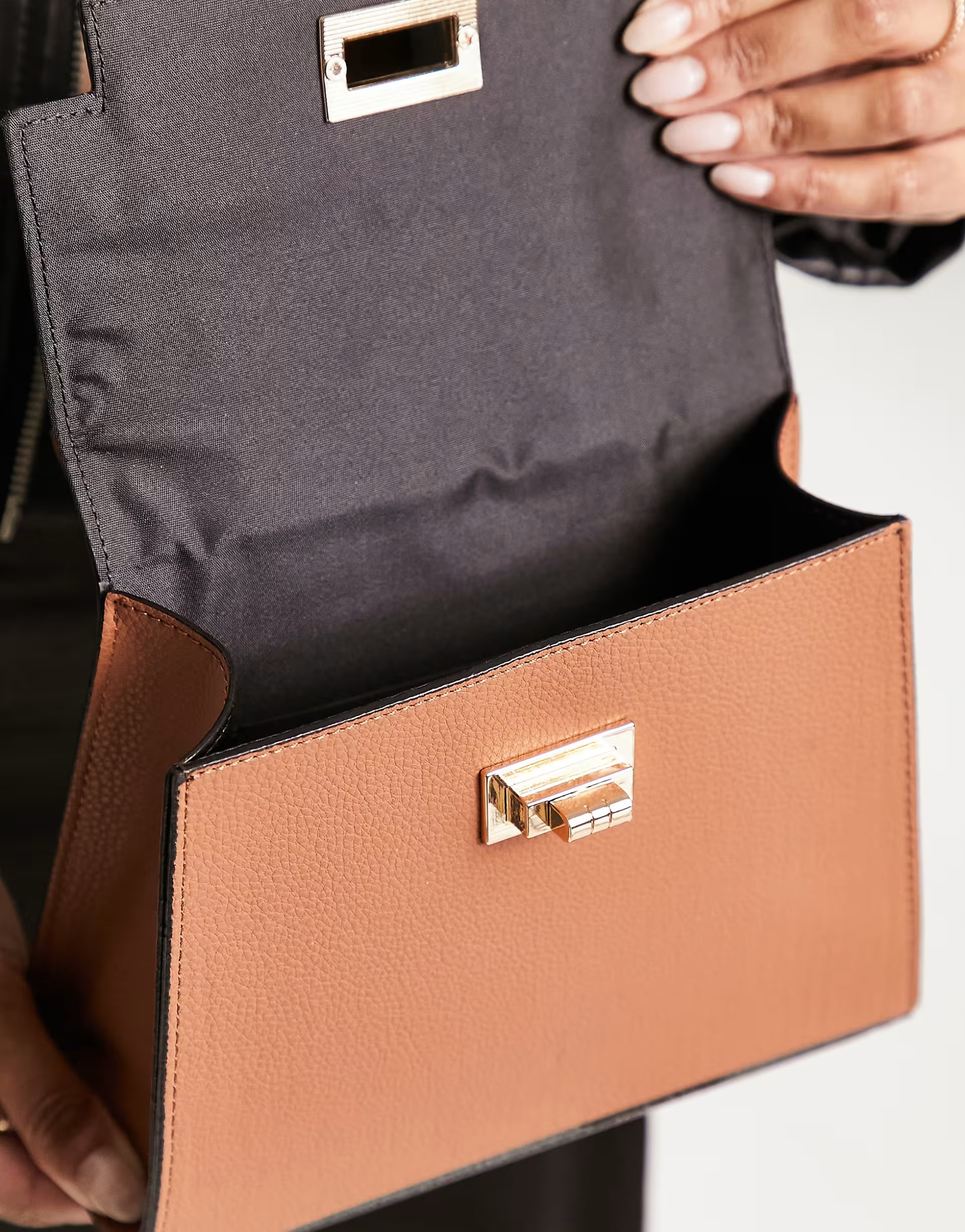 ASOS DESIGN lock detail bag with top handle and detachable crossbody strap in mid brown | ASOS (Global)