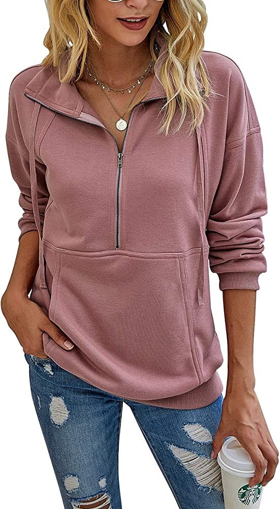 PRETTYGARDEN Women’s Casual Long Sleeve Lapel Zipper Sweatshirt Drawstring Loose Pullover Tops | Amazon (US)