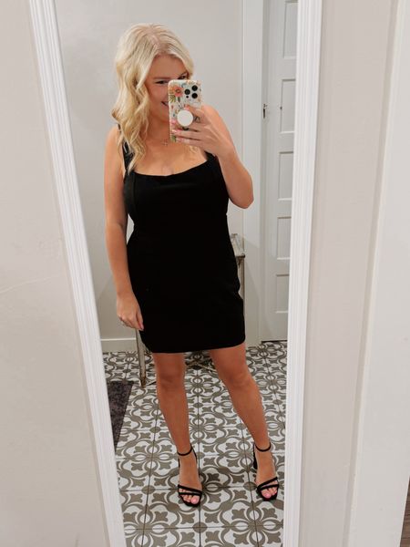 Little black dress for dinner. 
Sizing:
Medium dress
8.5 heels

LBD. Bachelorette party. black dress. mini dress. lulus. heels. block heel. date night  

#LTKFindsUnder100 #LTKFindsUnder50 #LTKSeasonal