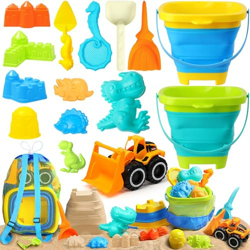 DISHIO Collapsible Beach Sand Toys for Kids Sandbox Beach Toys with Mesh Bag, Collapsible Buckets, Truck, Sand Castle Molds, Shovels, Sieve, Dinosaur Travel Beach Toys Kit for Kids Toddlers Outdoor | Amazon (US)