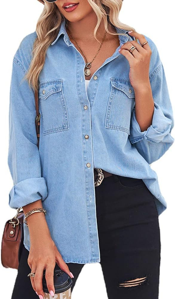 Kedera Womens Button Down Denim Shirt Chambray Casual Long Sleeve Collared Boyfriend Jean Shirt w... | Amazon (US)