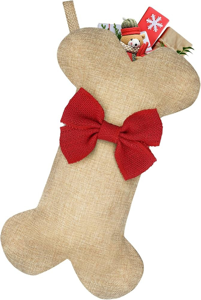 Malier New Linen Large Christmas Stocking for Dogs Cats Pets Jute Natural Burlap Dog Bone Shape H... | Amazon (US)