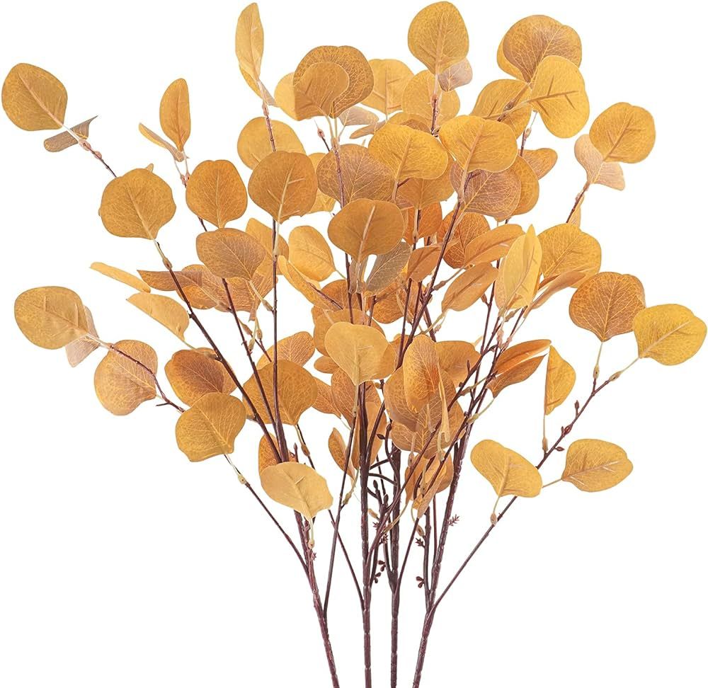 4Pcs Artificial Eucalyptus Leaves Stems 33.8‘’ Eucalyptus Branches Orange Fake Fall Flowers D... | Amazon (US)