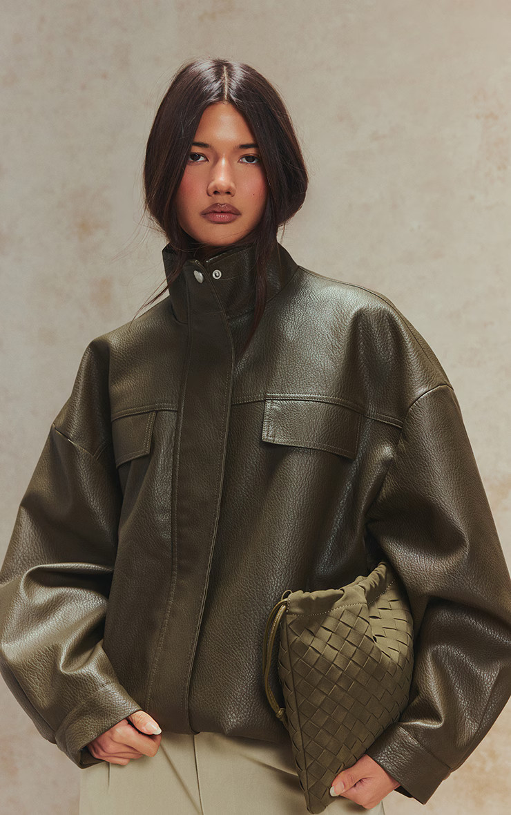 Khaki Funnel Neck Concealed Placket Faux Leather Jacket | PrettyLittleThing US