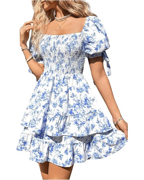 Floerns Women's Floral Print Puff Sleeve Square Neck Tiered Layer Shirred Dresses | Amazon (US)