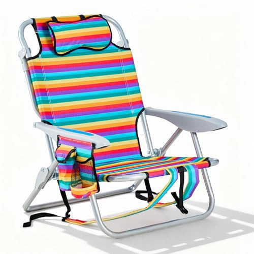 Canpsky Portable Beach Chair for Adults, Outdoor Camping Chair Lay Flat Folding Backpack Beach Reclining Chair with 5 Positions, Headrest, Cup Holder, Heavy Rainbow Striped | Amazon (US)