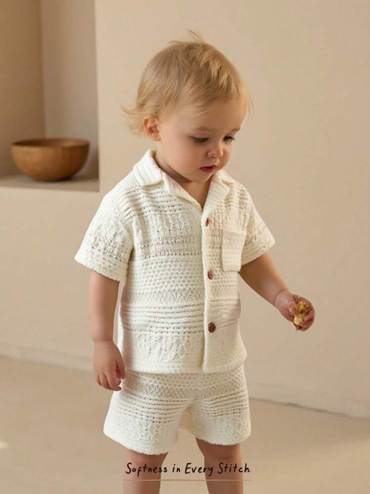 Cozy Pixies 2pcs/Set Baby Boy Color Block Knit Soft Collared Short Sleeve Top And Elastic Waist Shorts Set | SHEIN