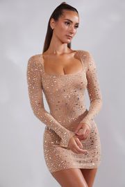 Sheer Embellished Long Sleeve A-Line Mini Dress in Almond | Oh Polly