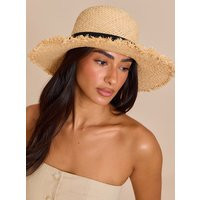 Natural Raffia Frayed Straw Sun Hat with Black Ribbon Detail | PrettyLittleThing US