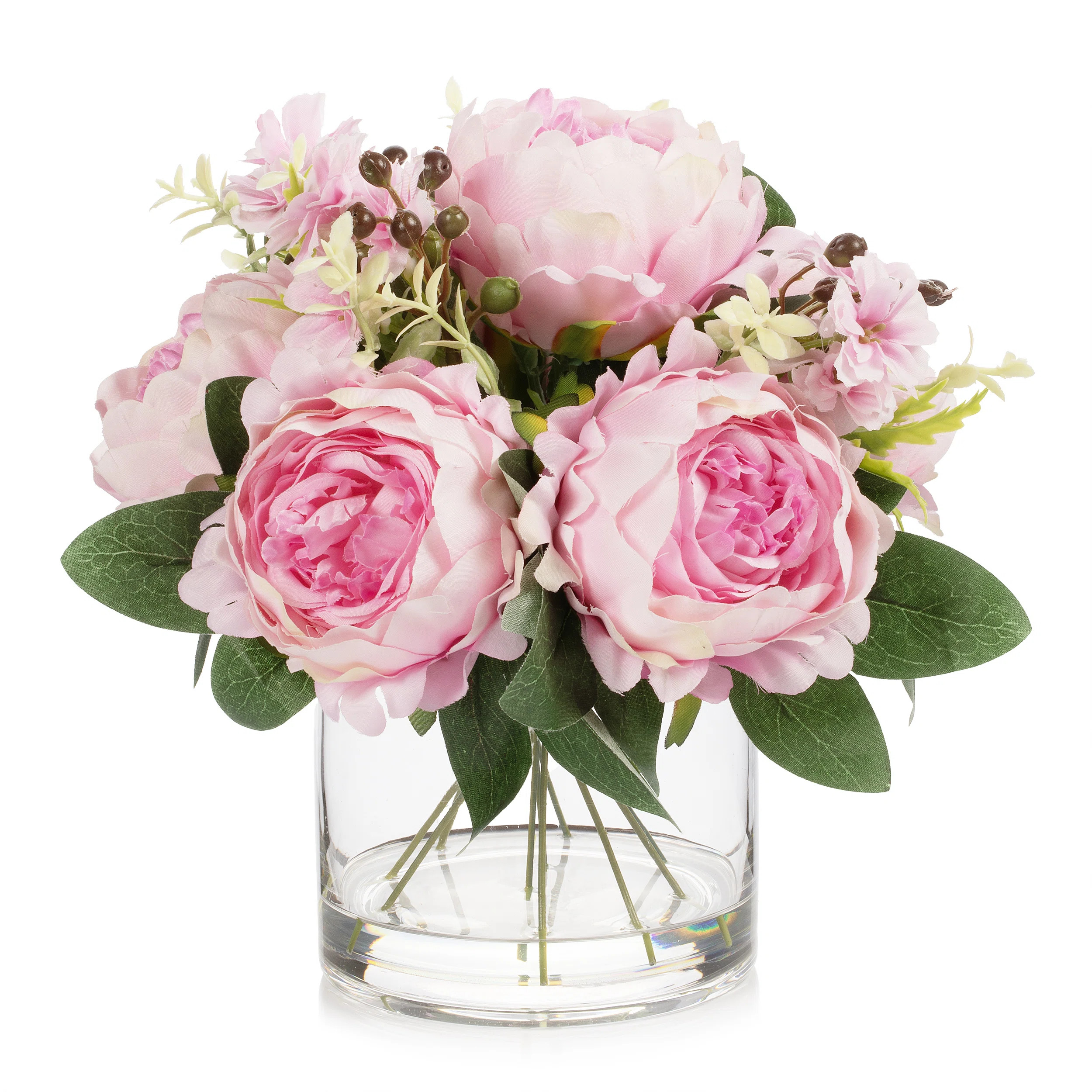 Mixed Artificial Peony Flower Arrangement In Glass Vase With Faux Water (dark Pink) | Wayfair North America