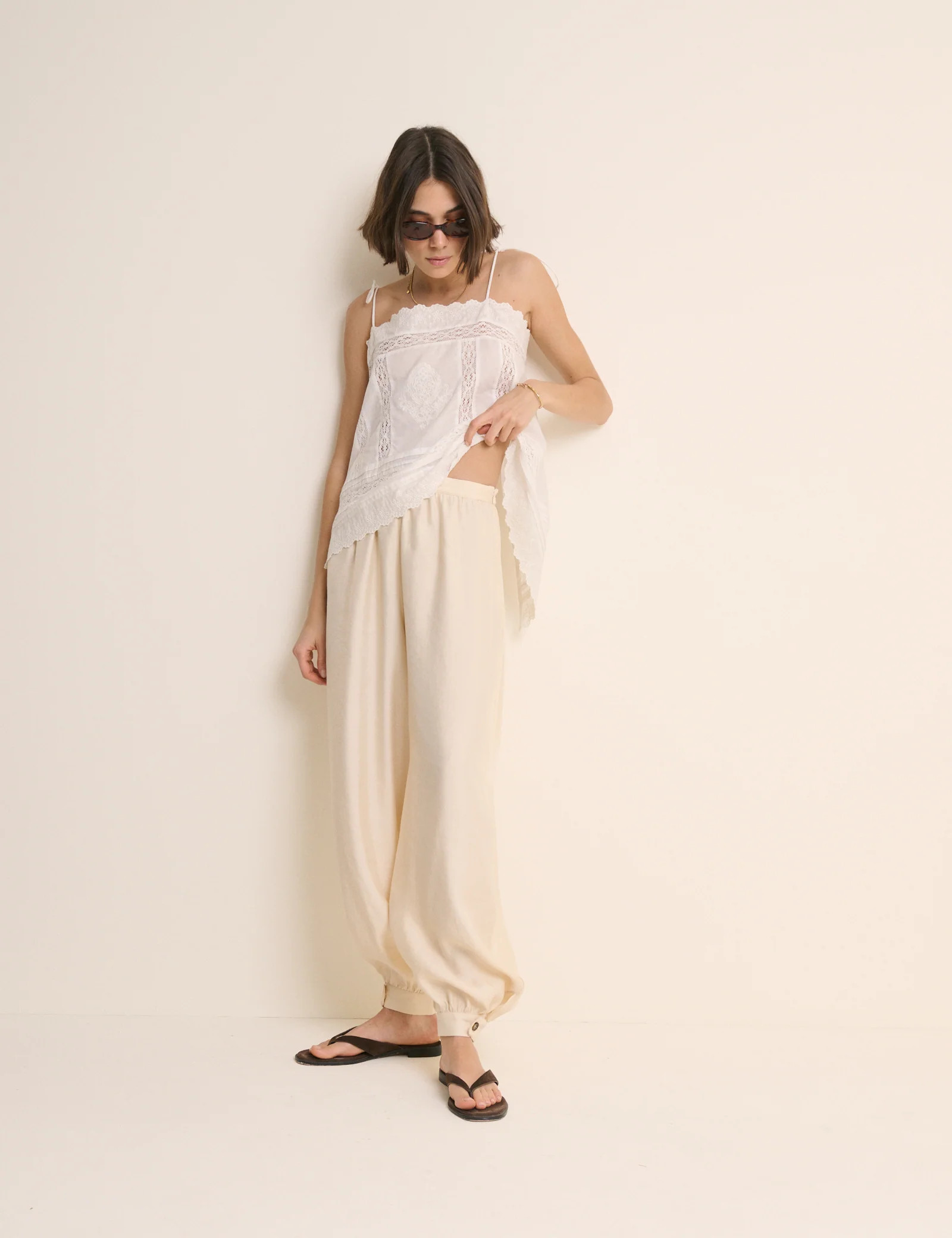 Cream Balloon Leg Satin Cuffed Trousers | Nobody's Child