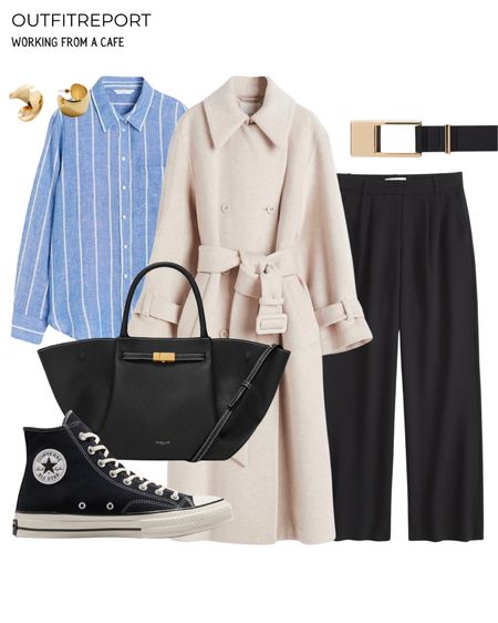 Working from a cafe outfit with demellier handbag tote black trousers converse all star trainers sneakers wool trench coat jacket striped blue shirt and belt 

#LTKshoecrush #LTKeurope #LTKstyletip