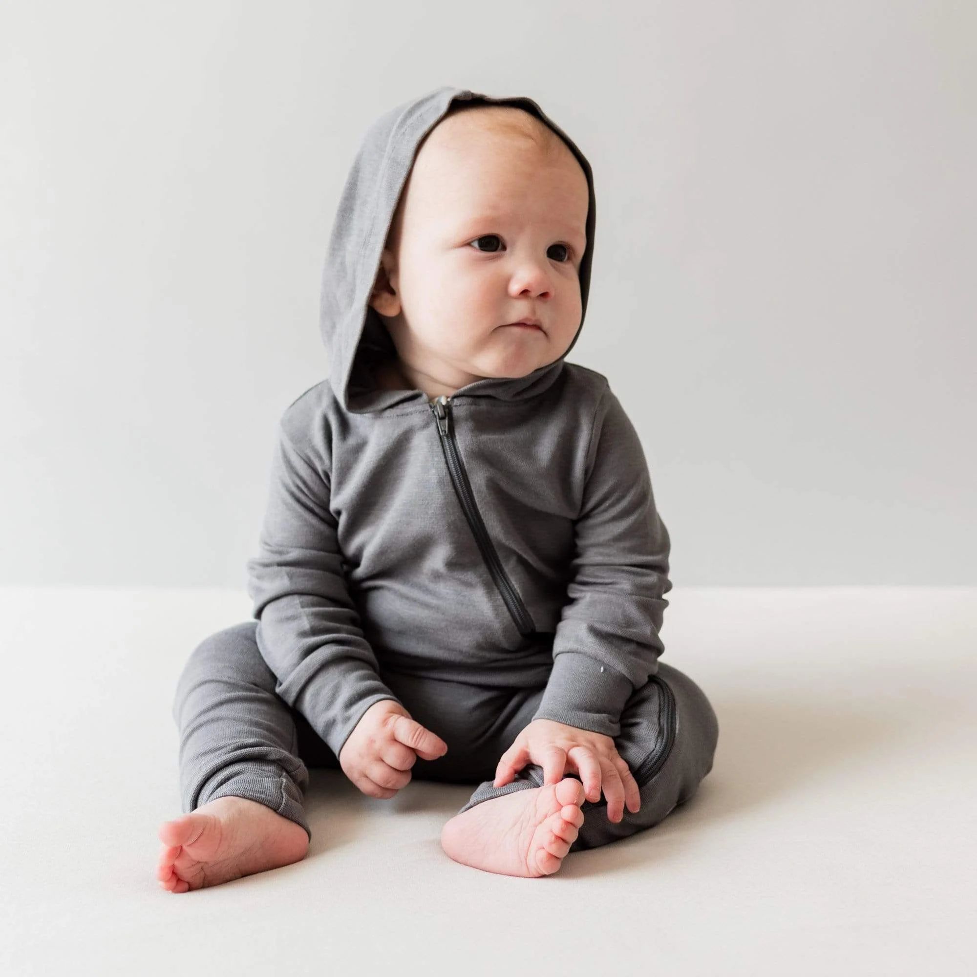 Bamboo Jersey Hooded Zippered Romper in Charcoal | Kyte BABY