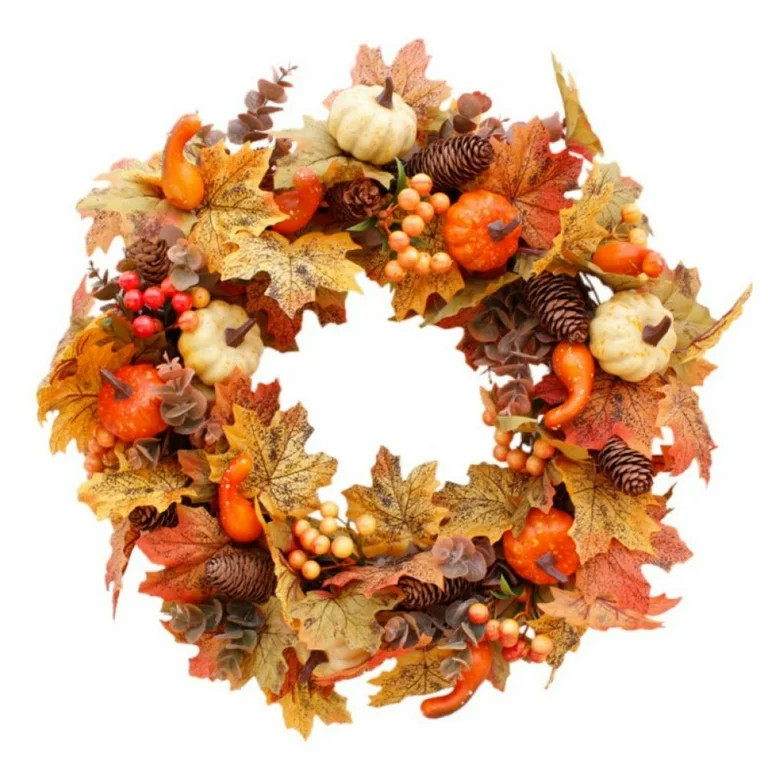 Fall Wreath for Front Door, 20" Artificial Pumpkins Wreath with Pinecone Maple Leaf and Berry Hal... | Walmart (US)