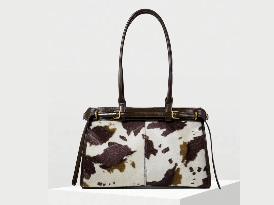 Cow Print Shoulder Bag – PU Leather Tote With Contrast Binding and Long Straps - Etsy | Etsy (US)