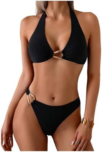 SOLY HUX Women's Halter Bikini Set V Neck Ring Linked Bathing Suit Summer Beach Two Piece Swimsui... | Amazon (US)