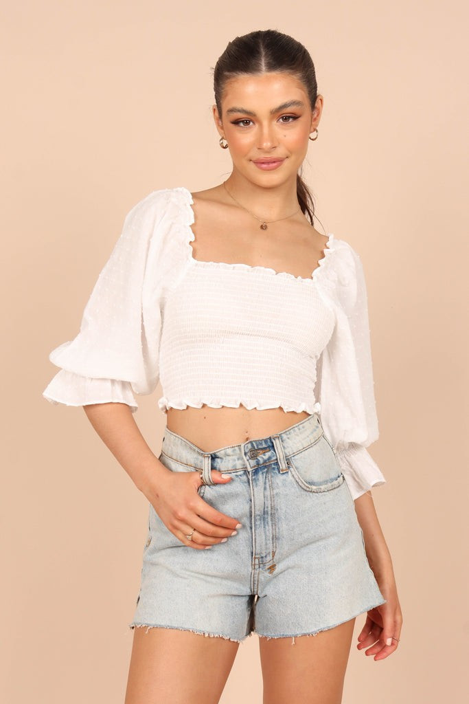 Isabelle Shirred Puff Sleeve Top - White | Petal & Pup (US)