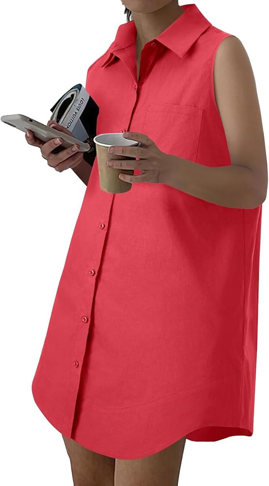 LYANER Women's V Neck Sleeveless Mini Dress Casual Button Down Shirt Dress with Collar Loose Fit | Amazon (US)