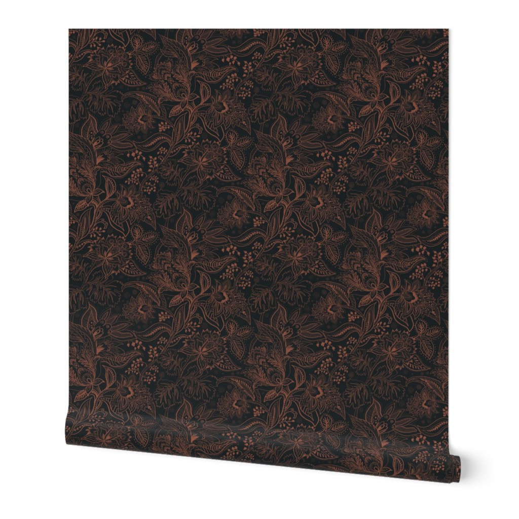 Wallpaper in Jacobean floral paisley moody jewel copper peach terracotta on black L | Spoonflower